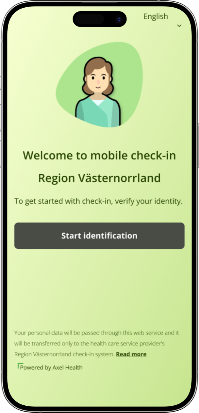 Mobile check-in welcome screen for Region Västernorrland with a “Start identification” button.
