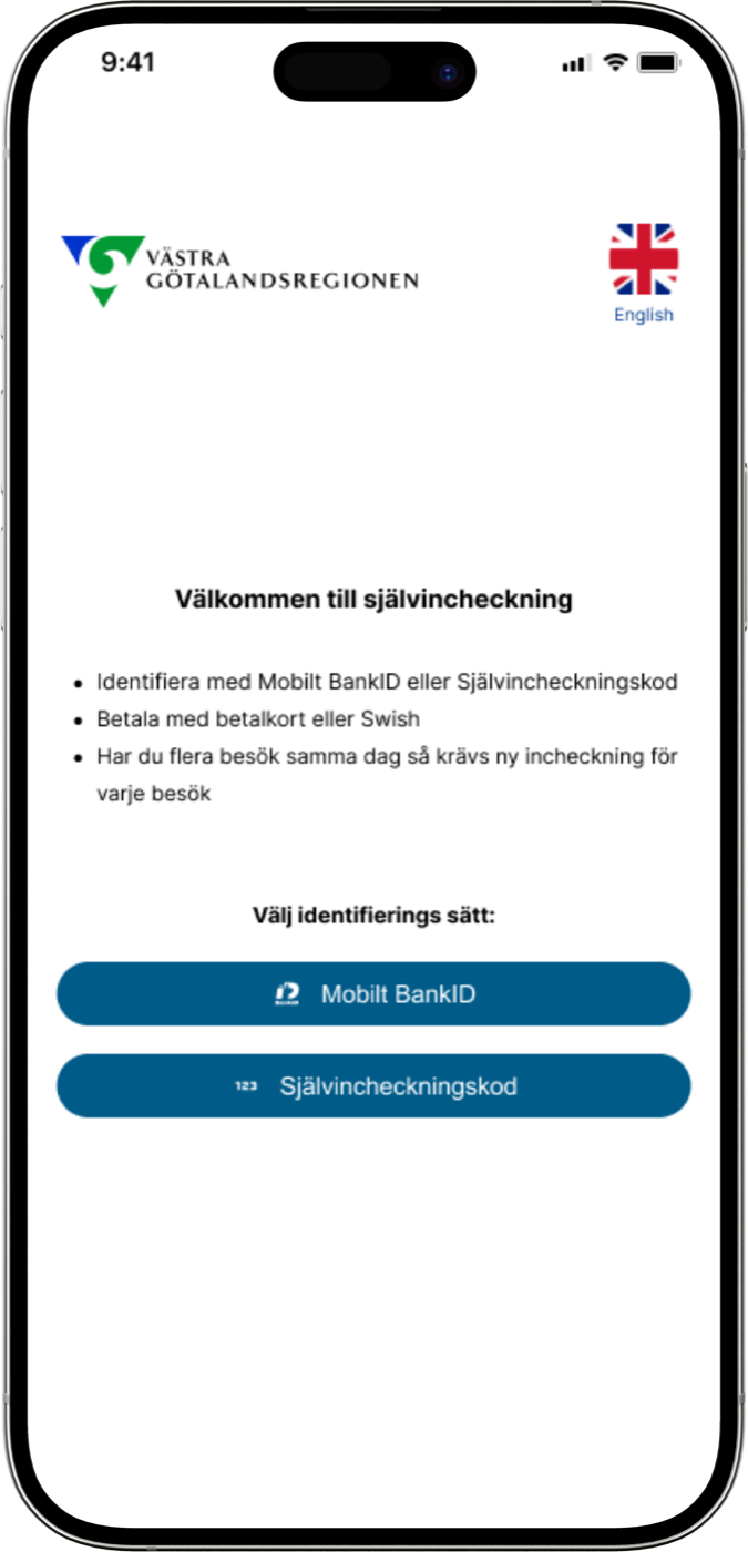 Västra Götalandsregionen self check-in screen with Mobile BankID and check-in code options.