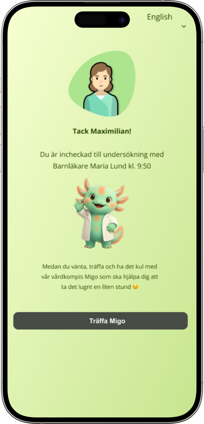 Check-in confirmation “Tack Maximilian!” with Migo and a “Träffa Migo” button.