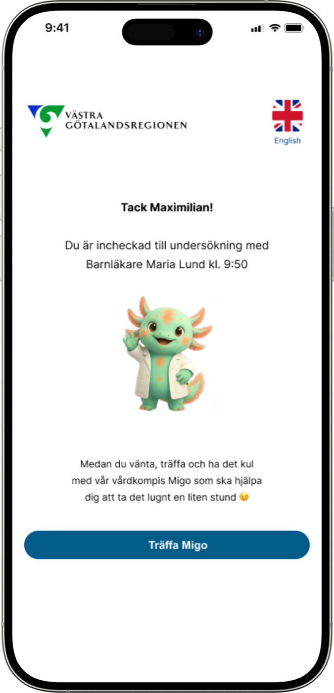 The same check-in confirmation in the Västra Götalandsregionen style, inviting the child to meet Migo.