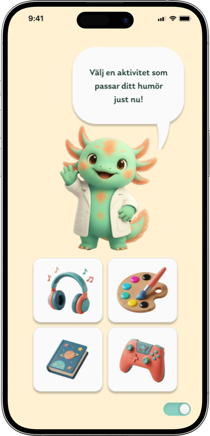 Migo asks the child to pick an activity: music, painting, a story or a game.