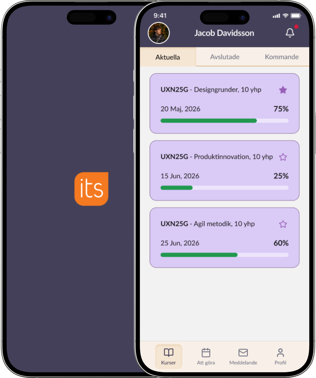 The redesigned Itslearning app on two iPhones: the splash screen and the Kurser view with course cards and progress bars.