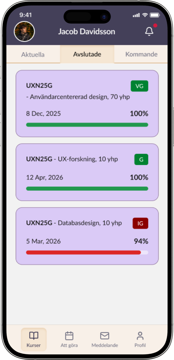 Redesign: completed courses (Avslutade) with the final grade badge on each course card.
