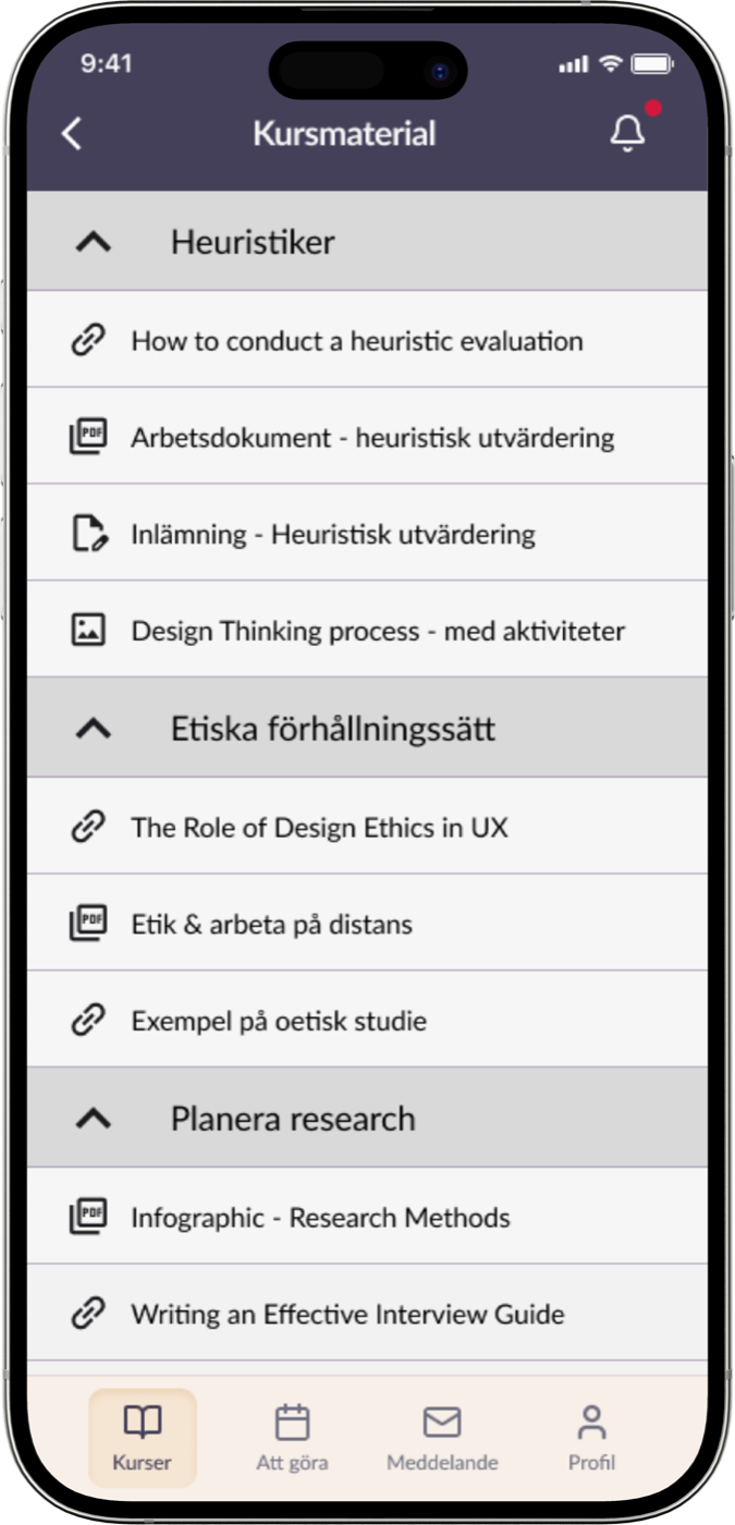 Redesign: the collapsible “Kursmaterial” view grouped by topic.