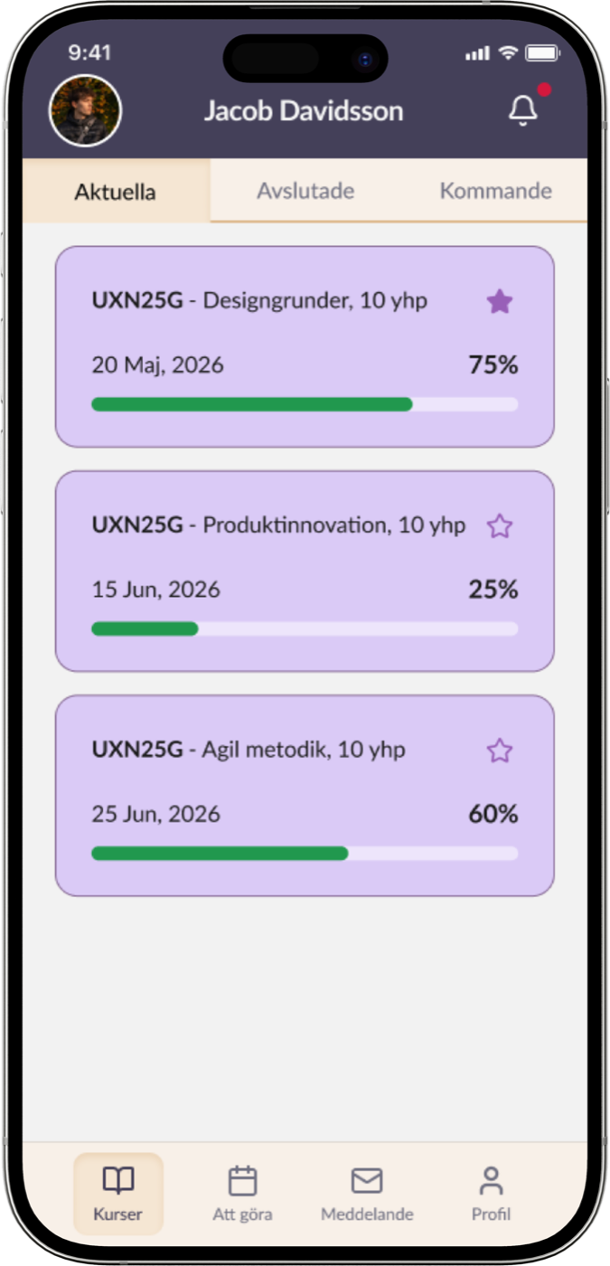 Redesign: one native Kurser view with clickable course cards, dates and progress bars.
